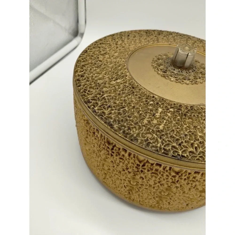 Elegant Gold Plastic Vintage Vanity Box 8.25 Diameter Dresser Sewing Hollywood